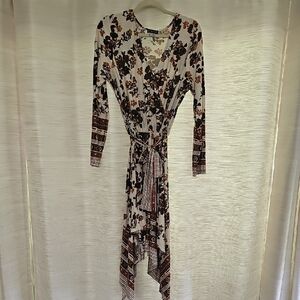 VENUS Floral Print Long Sleeve Dress - Cream and Brown